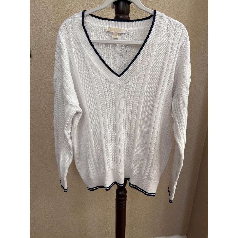 Michael Michael Kors White Cable Knit V-Neck Sweater Navy Trim XL